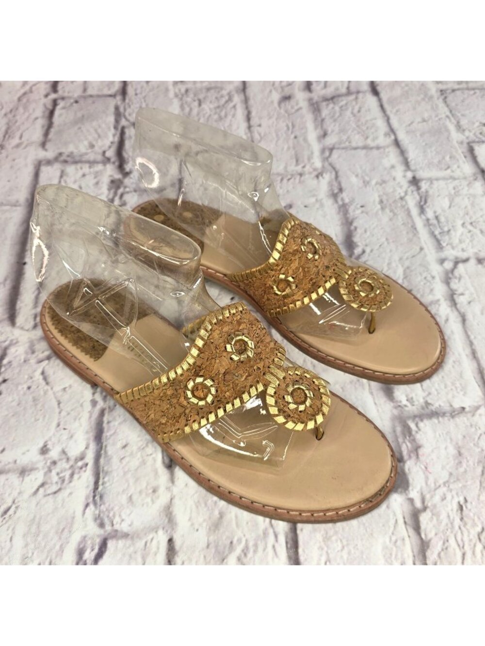 Jack Rogers Womens Sandals Size 8.5M Cork & Gold Embellished Whipstitch Thong